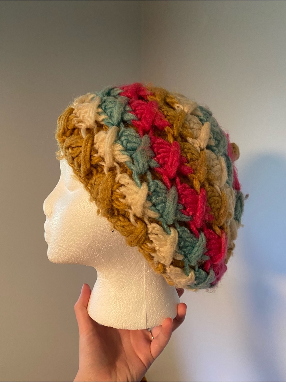 VTG Multicolor Chunky Knit Beanie - Pink, Teal & Mustard